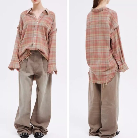 NWT R13 Shredded Seam Flannel Drop Neck Shirt Washed-Out Red/Khaki Plaid XLarge - Picture 2 of 15
